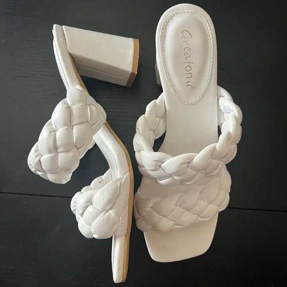 Greatonu Braided 3.35” Heels in white, cream, and tan - Picture 7 of 12